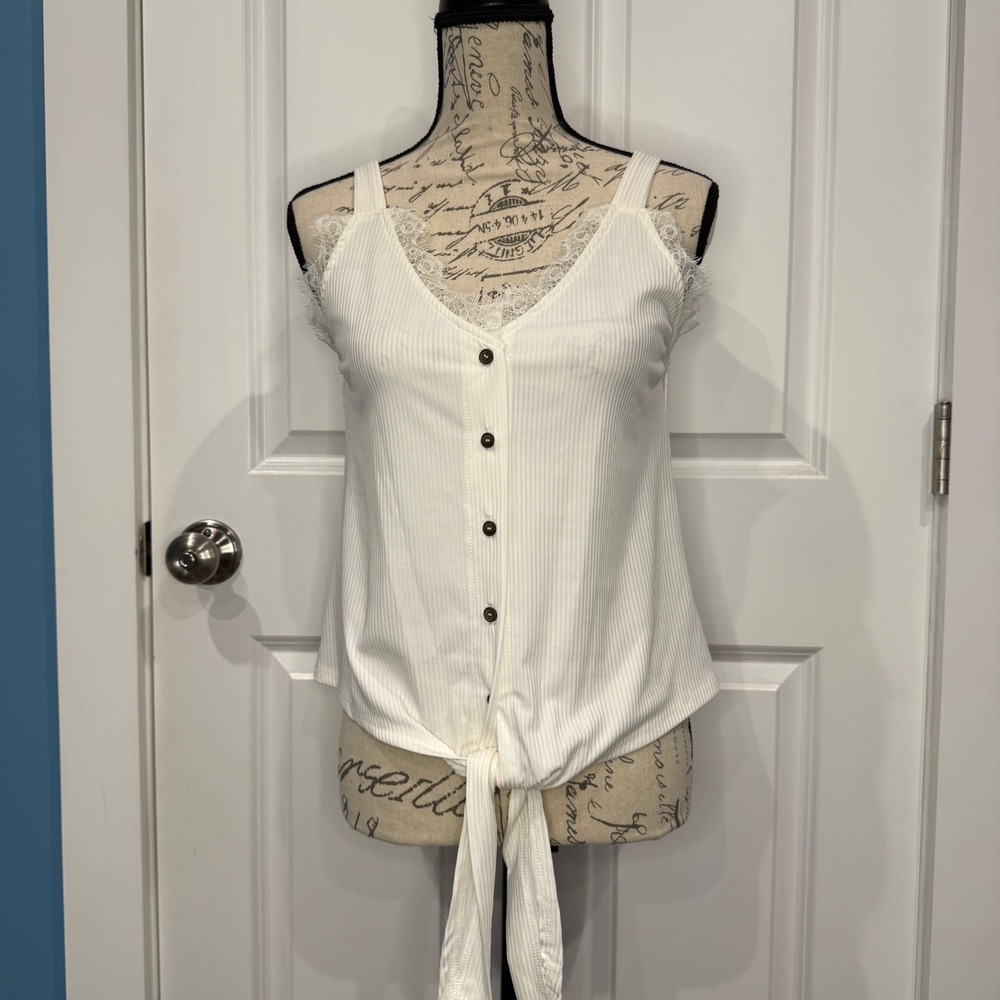 SHEIN White Ribbed Lace Trim Button Front Tie Hem Cami Tank Top Size Small